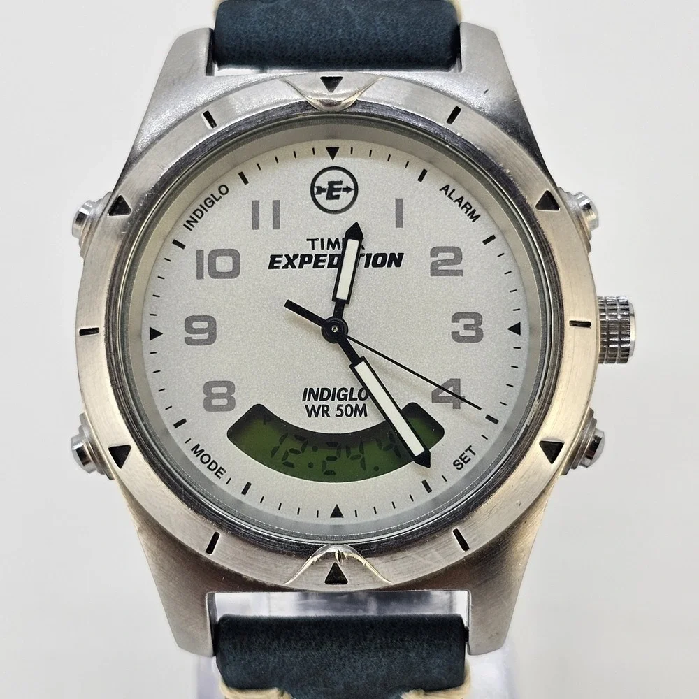 VTG Timex Expedition Ana-Dig Men's Watch 38MM NEW Blue Leather Bands NEW Battery